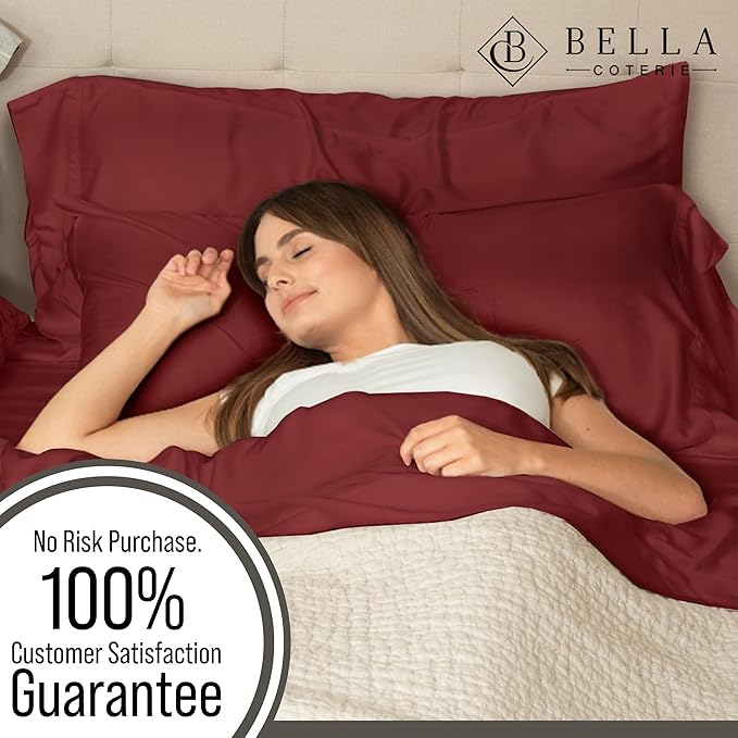 Bella Coterie Luxury Bamboo Viscose Split King Size Sheet Set | 100% Organically Grown | Ultra Soft | Cooling for Hot Sleepers | 18" Deep Pocket [Merlot]