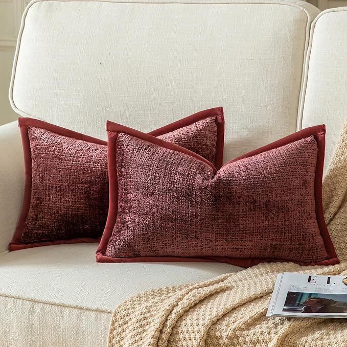 Yaertun Pack of 2 Chenille Textured Decorative Throw Pillow Covers Accent Solid Cushion Cover Soft Cozy Pillow Case with Velvet Back for Couch Sofa Bed Living Room 16x24 Inch Burgundy