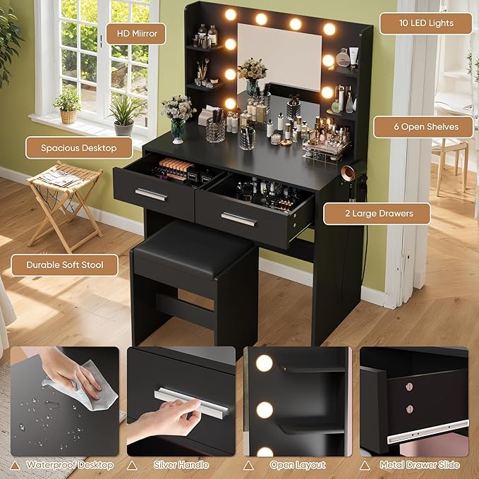 YESHOMY Vanity Desk with Mirror, Makeup Table with 2 Large Drawers, Power Outlet and Round Holder, 3 Color Modes Adjustable Bulb, Pure Black