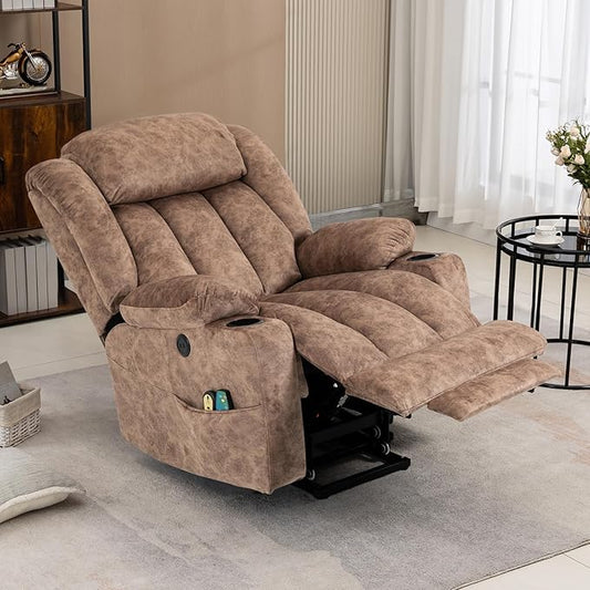 VIVIJASON Tall Man Large Power Lift Recliner Chair with Massage and Heat for Elderly, Overstuffed Wide Electric Lift Recliner w/Extended Footrest, 2 Cup Holder, Side Pockets & USB Ports, Fabric Brown
