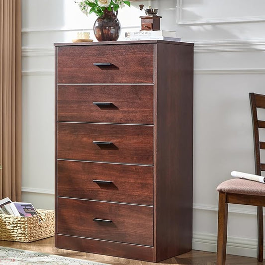 LIDYUK Dark Cherry Dresser for Bedroom, 5 Drawer Dressers & Chests of Drawers, Modern Wood Dresser, 47 Inches Tall Chest of Drawers for Bedroom, Hallway, Living Room