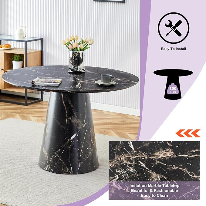 45 Inch Round Dining Table Set for 4, 5 Piece Kitchen Table and Chairs Set, Black Faux Marble Table Top, Small Space Dining Set for Apartment or Dining Room