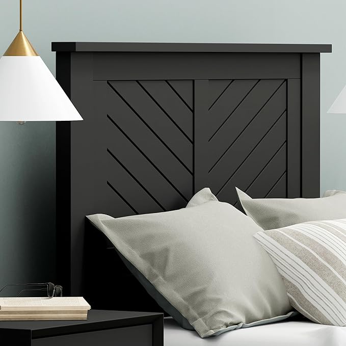 Serene Poplar Wood Twin Headboard, Modern Farmhouse Panel with Chevron Scoring, Twin Size Headboard in Black, Casual Coastal Style, Easy Assembly, Quality Materials
