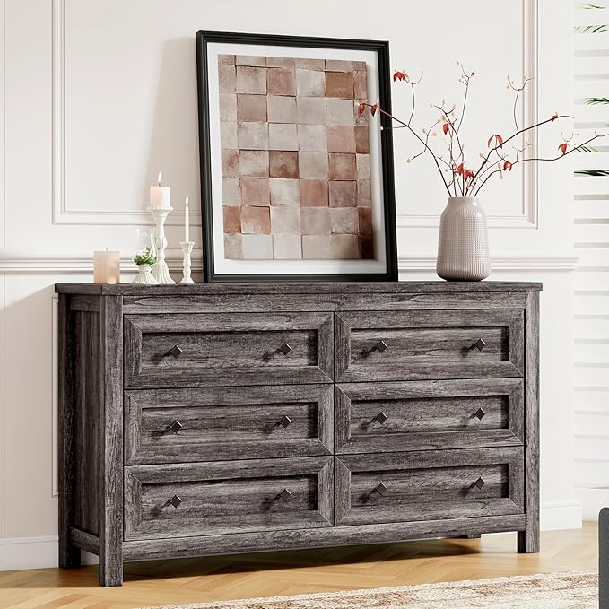 Farmhouse 6 Drawers Dresser, Wood Rustic Chest of Drawers for Bedroom, Closet Storage Dressers Organizer, 6 Drawers Chest for Living Room, Hallway, Grey