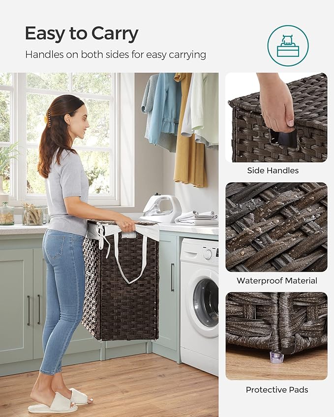 SONGMICS Laundry Hamper with Lid, 110L Clothes Hamper with 2 Removable Liner Bags, 6 Mesh Bags, Wicker Laundry Basket, Double Laundry Hamper for Bathroom, 13 x 22.4 x 23.6 Inches, Brown ULCB052K02