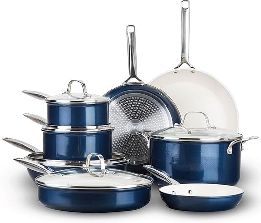 GOTHAM STEEL PRO 13 Pc Ceramic Cookware Set Nonstick, Pots and Pans Set Non Stick for Kitchen, Hard Anodized Induction Cookware, Non Toxic Made Without PFOA PFOS, Oven & Dishwasher Safe – Navy Blue