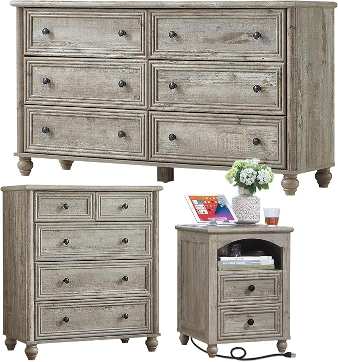 Farmhouse Dressers & Night Stand Set of 3, Wood 54" Wide 6 Drawer Dresser & 35.5"Tall Chest of Drawers, 18" with Charging Station Nightstand, Bedroom Furniture Dresser Set for Home Living Room Hallway