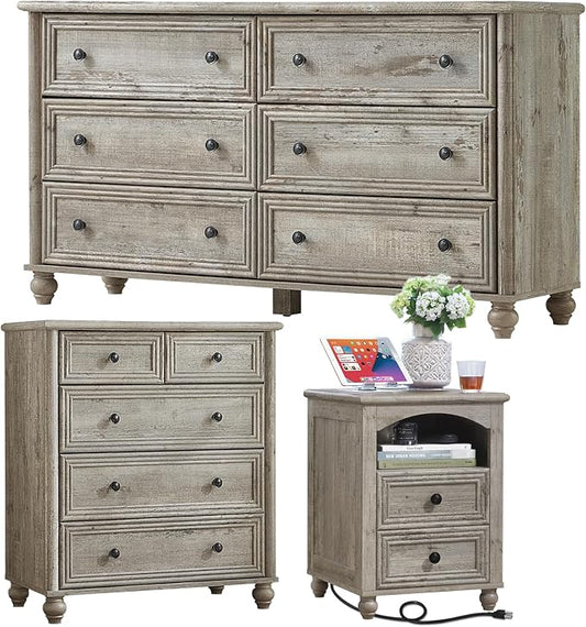Farmhouse Dressers & Night Stand Set of 3, Wood 54" Wide 6 Drawer Dresser & 35.5"Tall Chest of Drawers, 18" with Charging Station Nightstand, Bedroom Furniture Dresser Set for Home Living Room Hallway