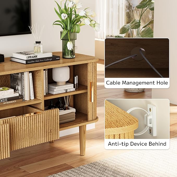 TV Stand 62.4 Inch Mid Century Modern Media Console Table with Drawer Sliding Tambour Door Farmhouse Sideboard Buffet Cabinet Fit TVs up to 75 inch Fluted Wood Entertainment Center(Oak)