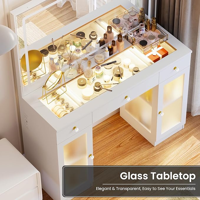 Pamapic Makeup Vanity with Lighted Mirror, Glass Top Vanity Desk with Power Outlet, 3-Drawer White Vanity, Makeup Table with 3 Color Modes Adjustment