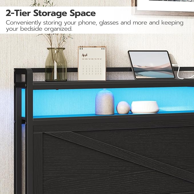 HOOBRO King Size Headboard, Headboard with Charging Station and LED Light Strip, 2-Tier Storage Head Board with Outlets and USB Ports, Industrial Style, for King Size Beds, Black