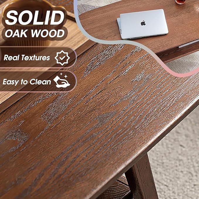 100% Solid Oak Coffee Table with Storage Shelf, 2-Tier Wooden Center Table for Living Room, Farmhouse Rustic Rectangle Table, Easy Assembly, 47 Inch