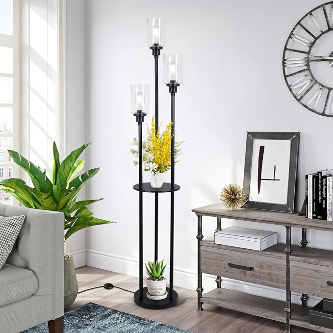 HMVPL Floor Lamps for Living Room, 3-Lights Modern Floor Lamp with Shelves, Farmhouse Standing Lamp with Glass Shades, On/Off Foot Switch, Black Industrial Tall Lamp for Bedroom Office Corner(66")