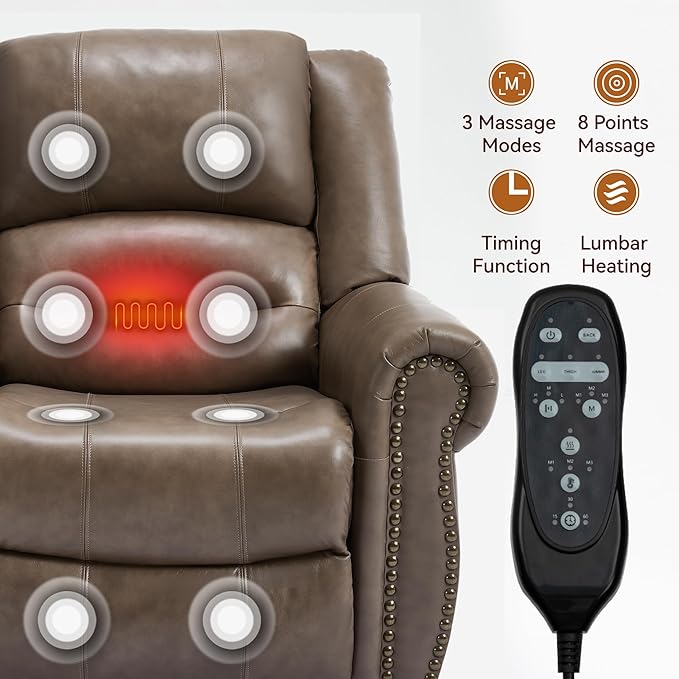 Power Lift Recliner Chair for Elderly, Dual Motor Massage Recliner with Lumbar Heat, Heavy Duty Motion Mechanism Lift Chair with Charge Ports, Genuine Leather - Brown