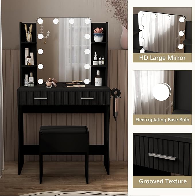 Black Vanity, Small Vanity Desk with Mirror and Lights, Makeup Vanity Desk with 3 Color Modes Adjustable Bulb, 2 Large Drawers and 4 Open Storage Shelves, Vanity with Chair for Bedroom