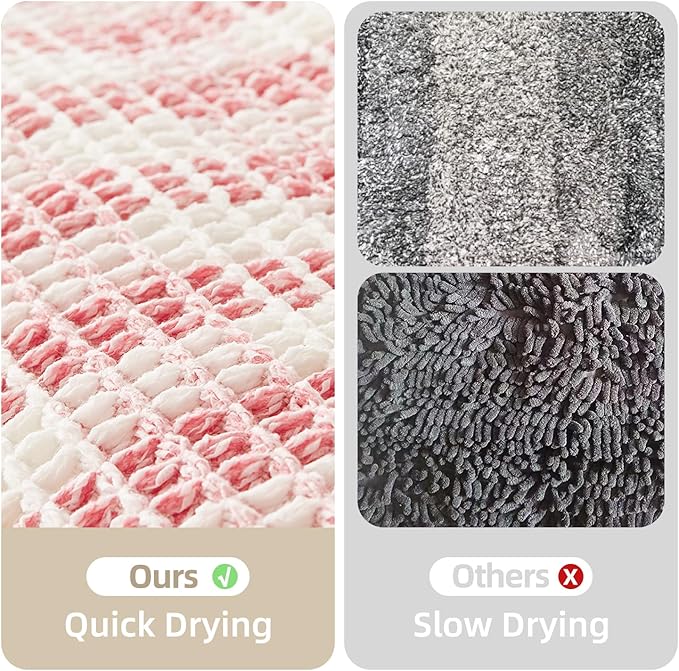 Waffle Runner Rug Bathroom, Long Boho Bathroom Rugs Non Slip Washable Absorbent Checkered Bathroom Mat Quick Dry Cute Bath Mat, 60"x24" Pink and White