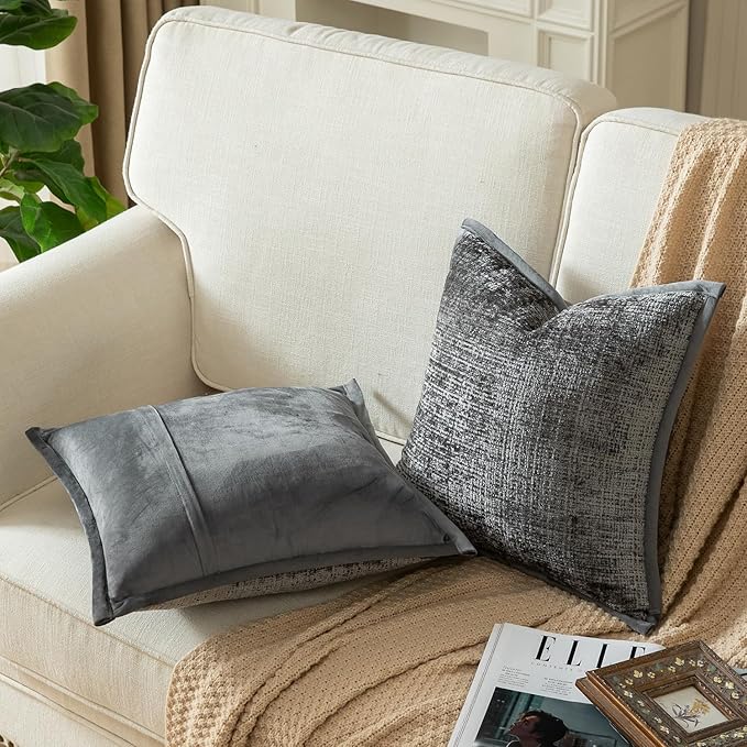 Yaertun Pack of 2 Chenille Textured Decorative Throw Pillow Covers Accent Solid Cushion Cover Soft Cozy Pillow Case with Velvet Back for Couch Sofa Bed Living Room 18x18 Inch Grey