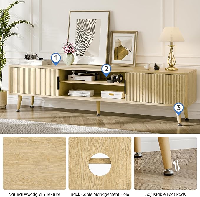 Mid Century TV Stand, Modern TV Console for TVs up to 70 Inches, Entertainment Center with Storage, TV and Media Consol for Living Room, 62 Inch (Natural Osk)