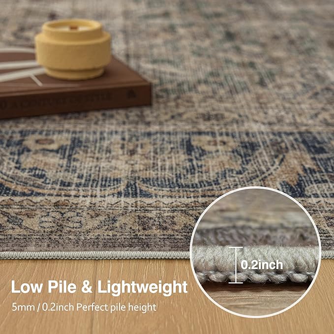 FMFUNCTEX 6x9 Washable Area Rug Brown Vintage Neutral Distressed Large Non Slip Carpet for Living Room Bedroom Soft Low Pile Indoor Mat Retro Throw Rug for Dining Room Kitchen Office Nursery, Multi
