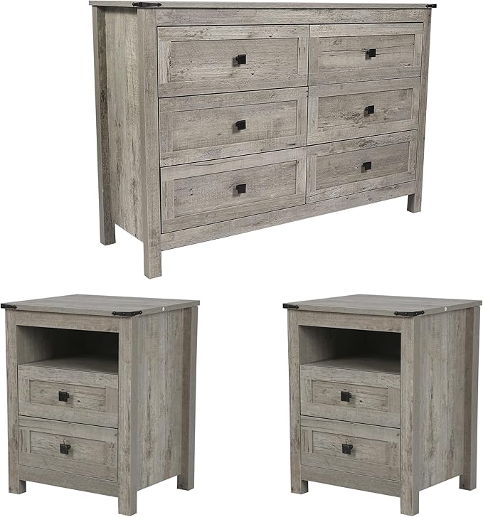 Grey 6 Drawer Dresser & 2 Farmhouse Nightstand Set for Bedroom, Wood Dresser with Metal Handle for Bed Room, Hallway, Light Grey Rustic Oak