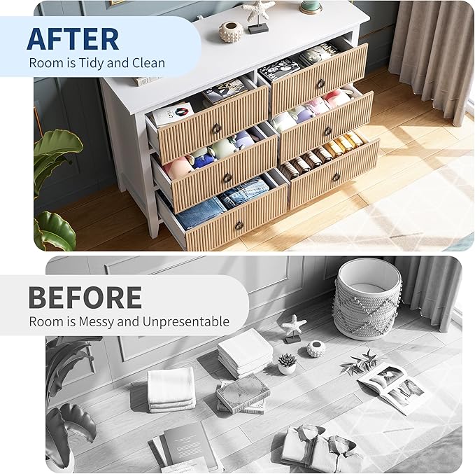 GarveeHome 6 Drawer Dresser for Bedroom，Waveform Fluted Chest with Large Drawer, Wooden Chest of Storage Cabinet, Fluted Dressers for Bedroom Living Room Hallway Closet, Anti-Tipping