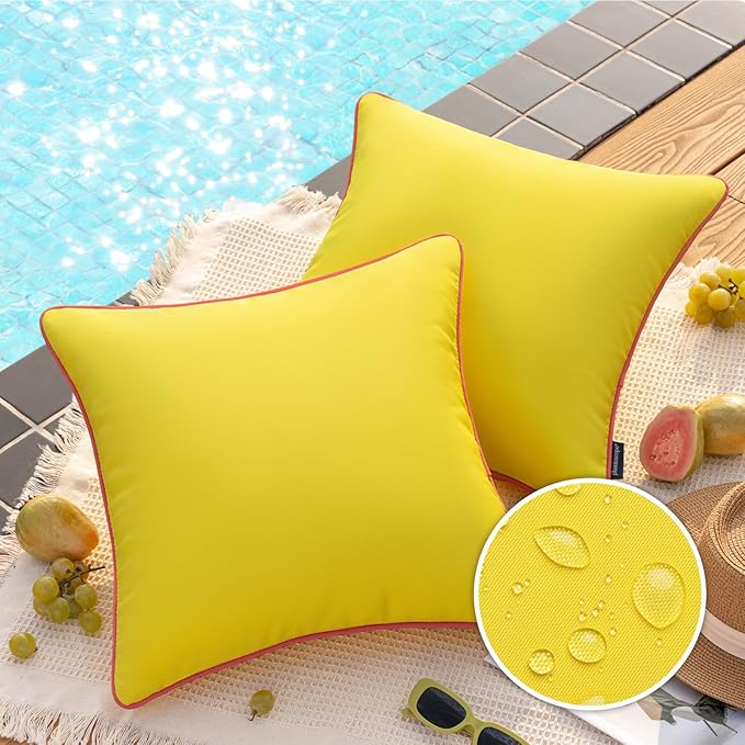 Phantoscope Pack of 2 Outdoor Waterproof Throw Pillow Covers with Contrast Piping, Decorative Square Cushion Case Patio Pillows for Couch Tent Sunbrella, Lemon Yellow 18x18 inches