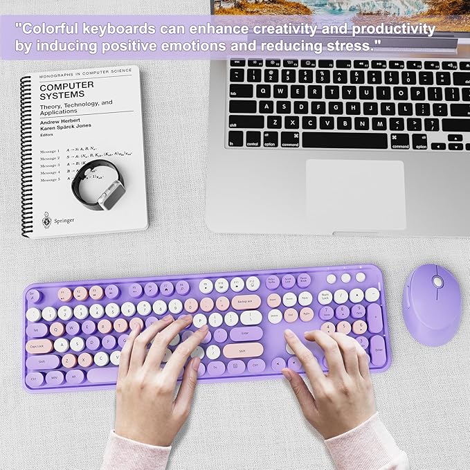Wireless Keyboard and Mouse Combo, Ergonomic Full Size Typewriter Retro Round Keycaps Keyboard, Compatible with Windows, PC, Perfer for Home and Office Keyboards (Purple