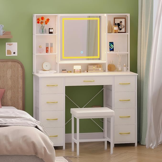 Vanity Desk with Mirror and Lights Charging Station Modern Industrial Dressing Table with 9 Fabric Drawers and Open Storage Shelves,Makeup Vanity Table for Woman Bedroom (White)