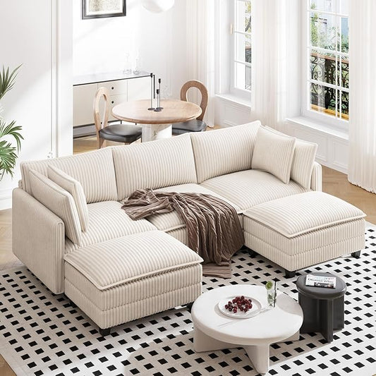 Vesgantti 109" U Shaped Cloud Sectional Sofa, Comfy Corduroy Upholstered Sectional Modular Sofas for Living Room, Modern Modular Couch with 2 Ottoman Deep Seat, Beige