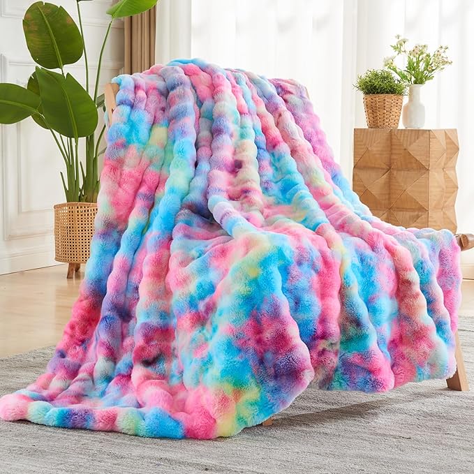 NEWCOSPLAY Faux Fur Twin Blanket Dark Rainbow Luxury Fluffy Thick Warm Bubble Blanket for Couch Sofa Bed 700GSM (Dark Rainbow, Twin(60"x80"))
