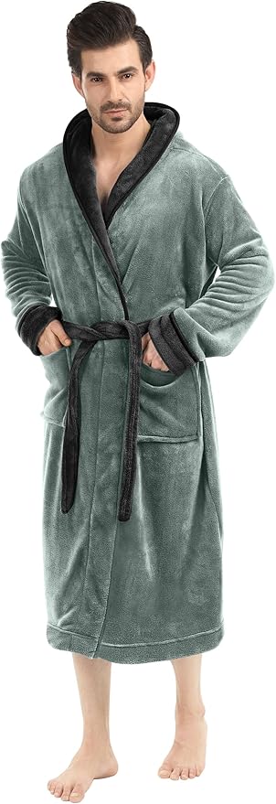 NY Threads Mens Robe with Hood, Luxury Plush Fleece Hooded Mens Bathrobe, Spa Bath Robe for Men