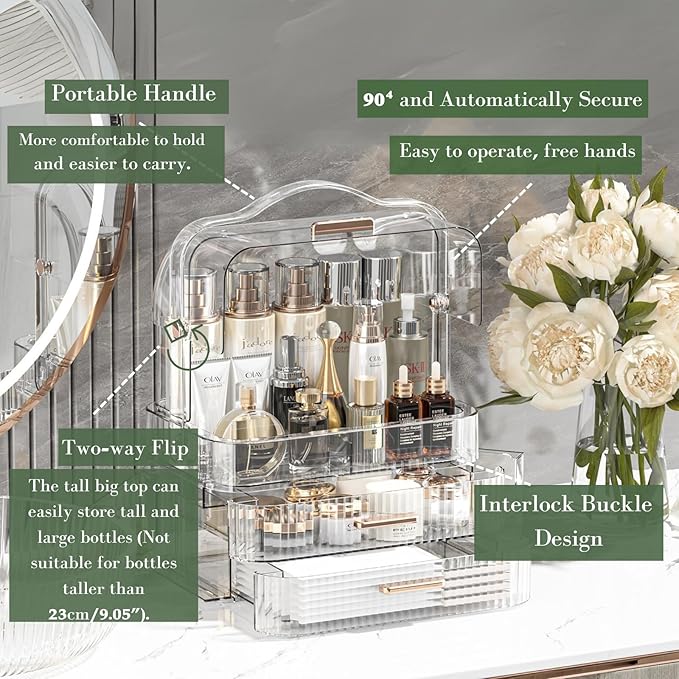 LINFIDITE Cosmetics Storage Box Transparent Lid Large Makeup Organizer Box Drawers Portable Handle Waterproof Dustproof Skincare Display Cases for Countertop, Bathroom, Dresser,Gift Clear Green