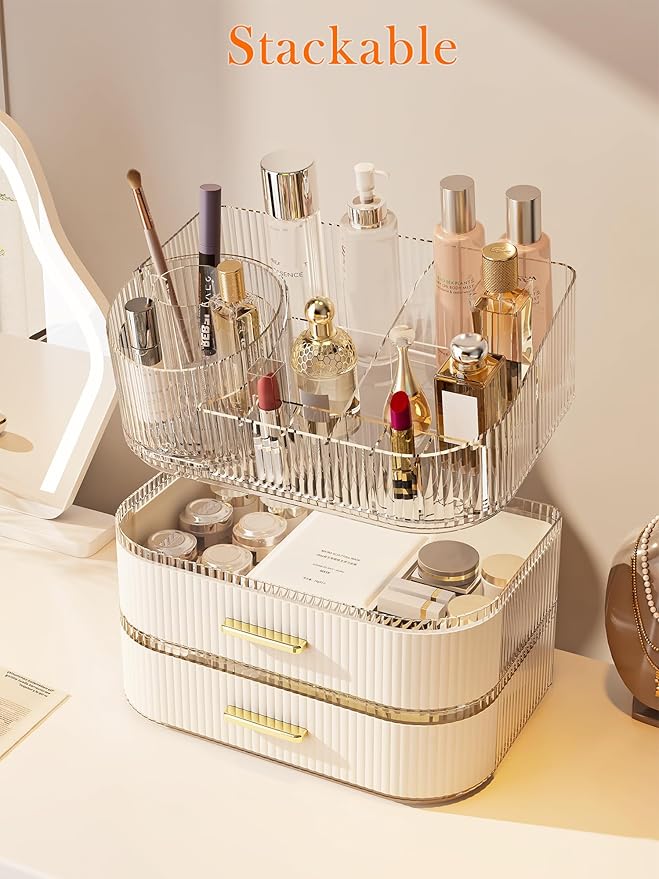 Makeup Organizer with Stackable Drawer, 360 Rotating Makeup Brush Holder, 11-inch Wide Large Cosmetic Display Case, Skincare Organizers and Storage for Dresser, Vanity, Bathroom Countertop