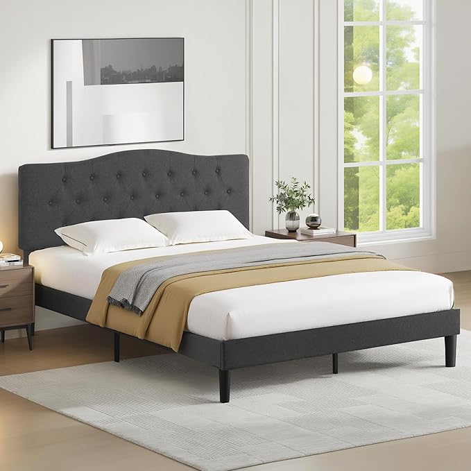 VECELO Full Size Platform Bed Frame with Fabric Upholstered Headboard and Wooden Slats Support, No Box Spring Needed/Easy Assembly,Grey