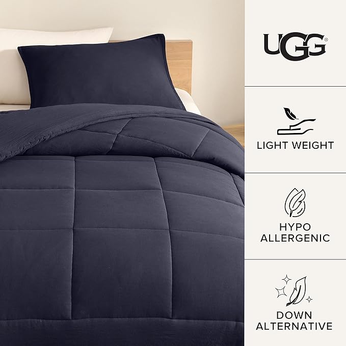 UGG Leonora Comforter Set with 1 Pillow Sham Lightweight Down Alternative Blanket All Season Washable and Hypoallergenic Bedding Set for College Apartment or Dorm Essentials, Twin/Twin XL, Navy Blue