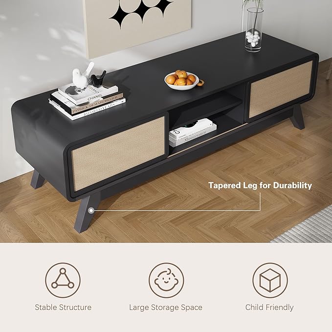 AVZEAR Farmhouse Black TV Stand for TVs up to 65'', Modern Entertainment Center with Storage, TV Cabinet TV Table with Nature Linen Doors, Media Console TV Consoles for Living Room Bedroom (Black)