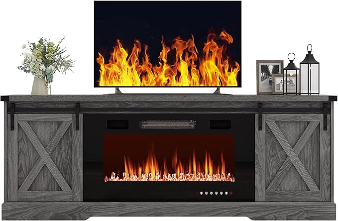 Farmhouse Fireplace TV Stand for 70/75/80 Inch TV, 70 inch Entertainment Center Storage Cabinets with 36”Electric Fireplace and Sliding Barn Doors, Media Console Cabinet for Living Room, Grey