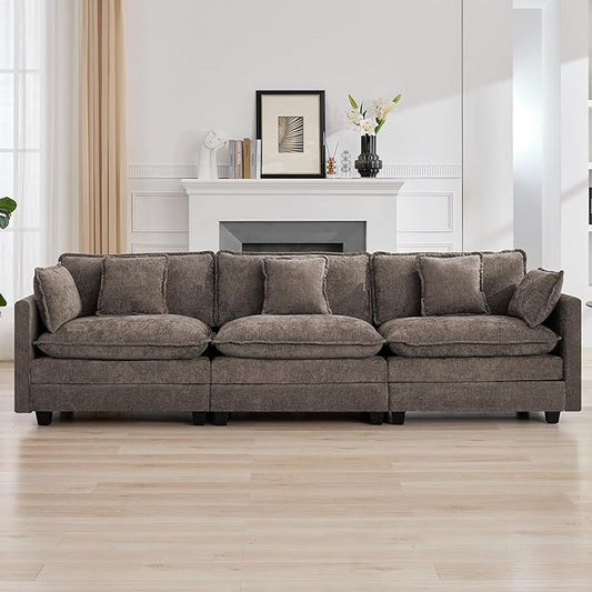 111'' Sectional Cloud Deep Seat Couch, Modern Comfy Chenille Modular Sectional Sofa for Living Room Set, Upholstered Modular 3-Seats Sofa Couch, Brown