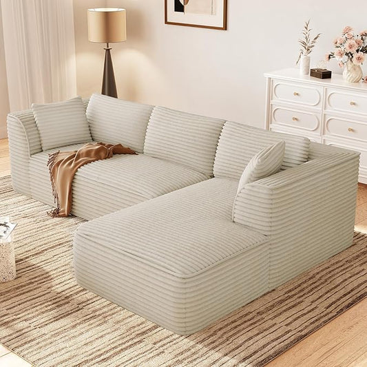 Vesgantti 106" Modular Sectional Sofa with Chaise, Deep Seat Comfy Cloud Couch Corduroy L Shaped Sofa Sectional Couches for Living Room Bedroom, No Assembly Required (Camel, Right-Facing Chaise)