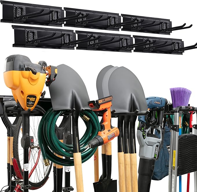 Garage Tool Organizer Wall Mount - 96 inches - Sturdy Storage Rack with Adjustable Hooks, Anti-Rust - Easy Installation, 600lbs Capacity - Garden Tool Organizer (06 Racks & 12 Hooks)