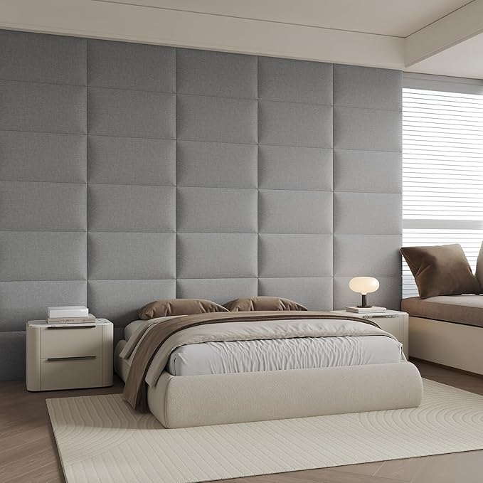 Classic Gray Linen-Upholstered Headboard 24x12 Inch 12-Panel Set - Modular Wall-Mounted or Freestanding Design for Queen/King Beds, Premium Linen Fabric