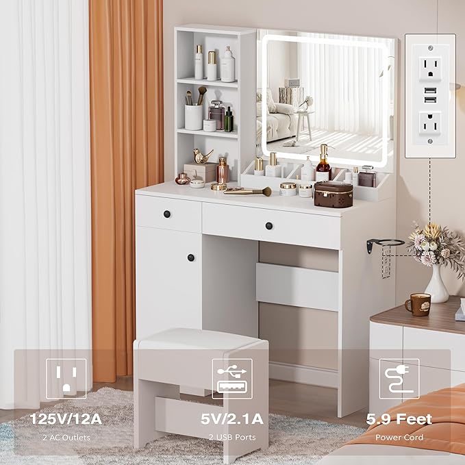 KAMABOKO Modern Vanity Desk with HD Mirror and Adjustable Lights, Makeup Table with Power Outlet, 2 Drawers & Large Cabinet, White Dressing with Stool for Girls Bedroom