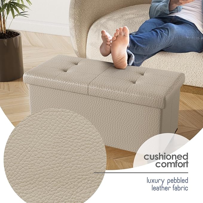 STORAGEBUD Storage Ottoman Bench with Bins, 30-in Storage Bench for Bedroom End of Bed, Folding Foot Rest Ottoman for Living Room Max 660lbs, Faux Leather Ottomans, Beige