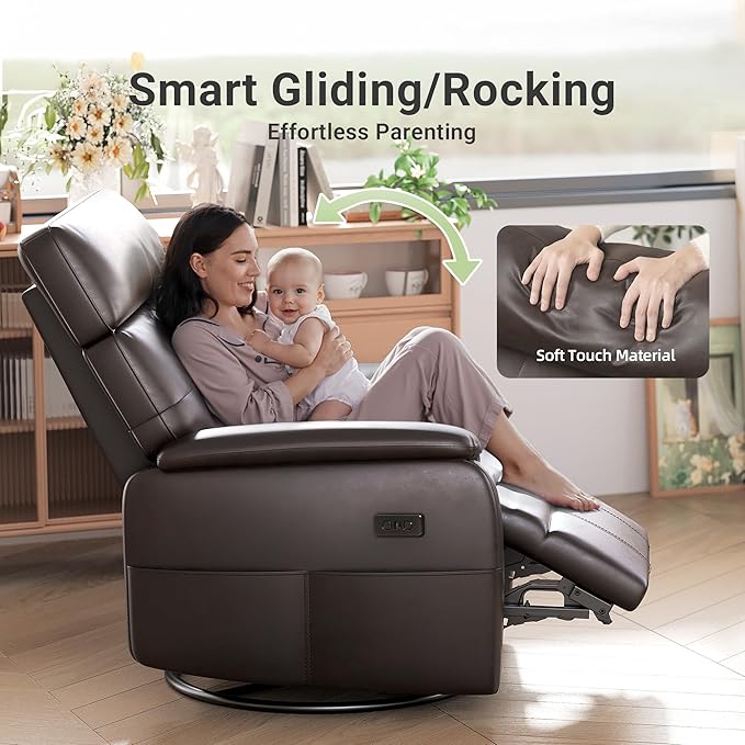 Claiks Power Swivel Rocker Recliner Chair, Oversized Recliner Chairs for Adults, PU Leather Overstuffed Reclining Chair with USB and Type-C Ports for Living Room, Dark Brown