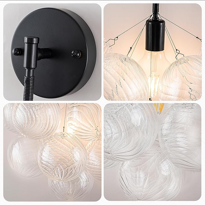 Bubble Wall Sconce, Hand Blown Wall Lights 15“ Dia Balls Shade Glass Lighting Wall Sconces, Clear Glass Wall Mounted Light Fixture for Living Room, Dining Room, Corridor, Bedroom (Black)