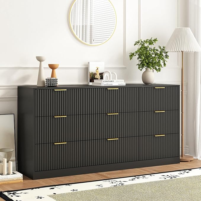 9 Drawer Dresser for Bedroom with Deep Drawers, 63" Wide Wood Dresser, Large Floor Chest of Drawers, Modern Long TV Stand, Storage Cabinet Side Table, Black