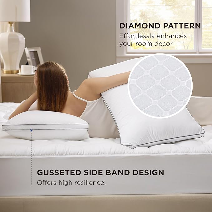 Bedsure Queen Pillows Set of 2 - Fluffy Bed Pillows for Sleeping, Hotel Quality, Diamond Quilted Design, Gusseted Supportive Down Alternative Filling for Back, Stomach, Side Sleepers