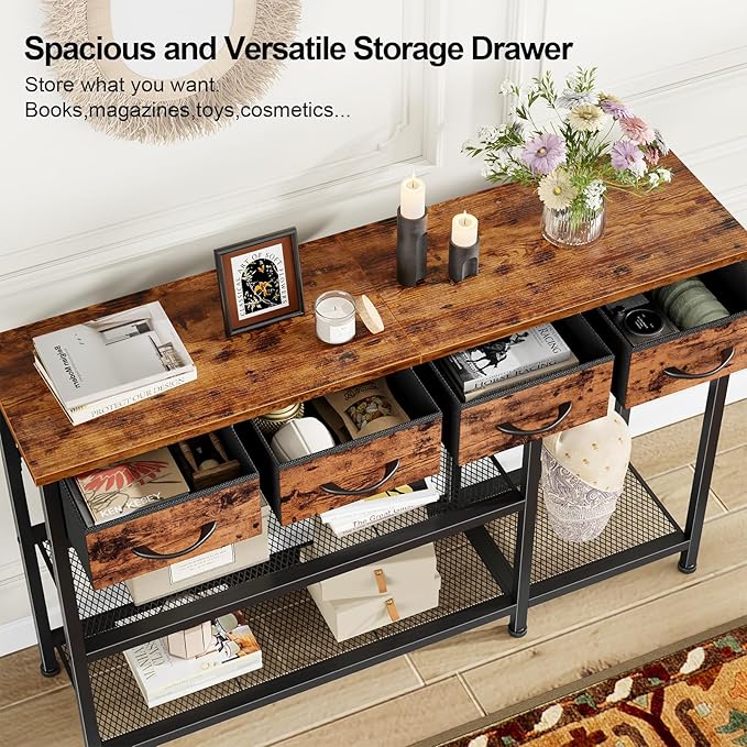 Furnulem Entryway Table 47'' Sofa Console Table with 4 Fabric Drawers, Industrial Entry Way Shoe Rack with Metal Mesh Shelf for Front Door, Foyer Wooden Top, Sturdy Metal Frame, Rustic Brown