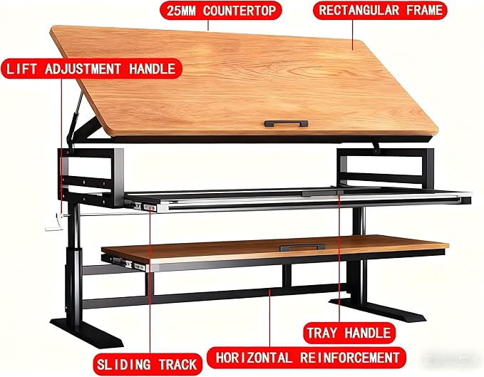 Studio Desk with Keyboard Tray | Hand-Crank Adjustable Standing Desk Workstation for Music Production, Cable Management, MIDI Keyboard Shelf (Black, 62in)