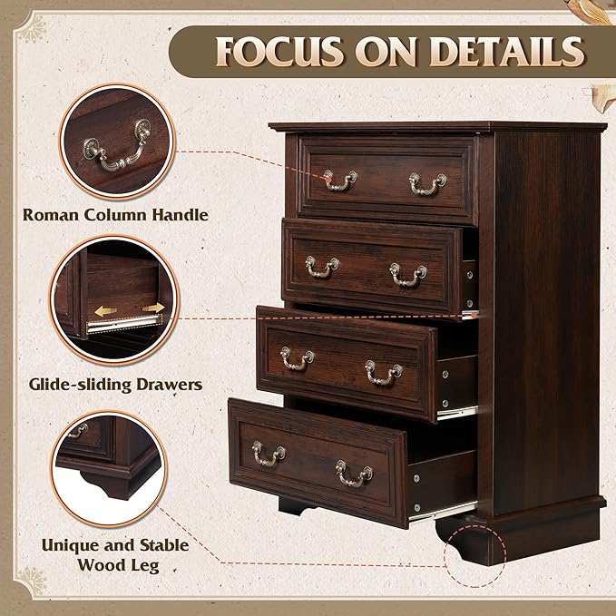 WLIVE Farmhouse Dresser for Bedroom, Tall Wood Dresser with 4 Drawers, Chest of Drawers with Roman Metal Handle for Living Room, Hallway, Closet, Rustic Brown